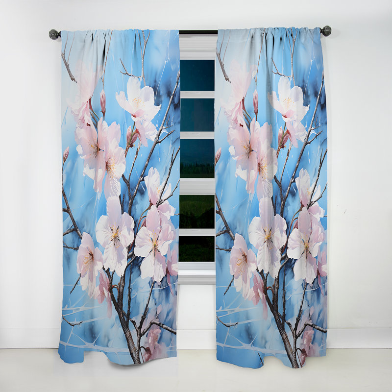 Rideau en velours Anais blanc et bleu Cherry Blossoms Flow III Anais, L 52 po x L 95 po