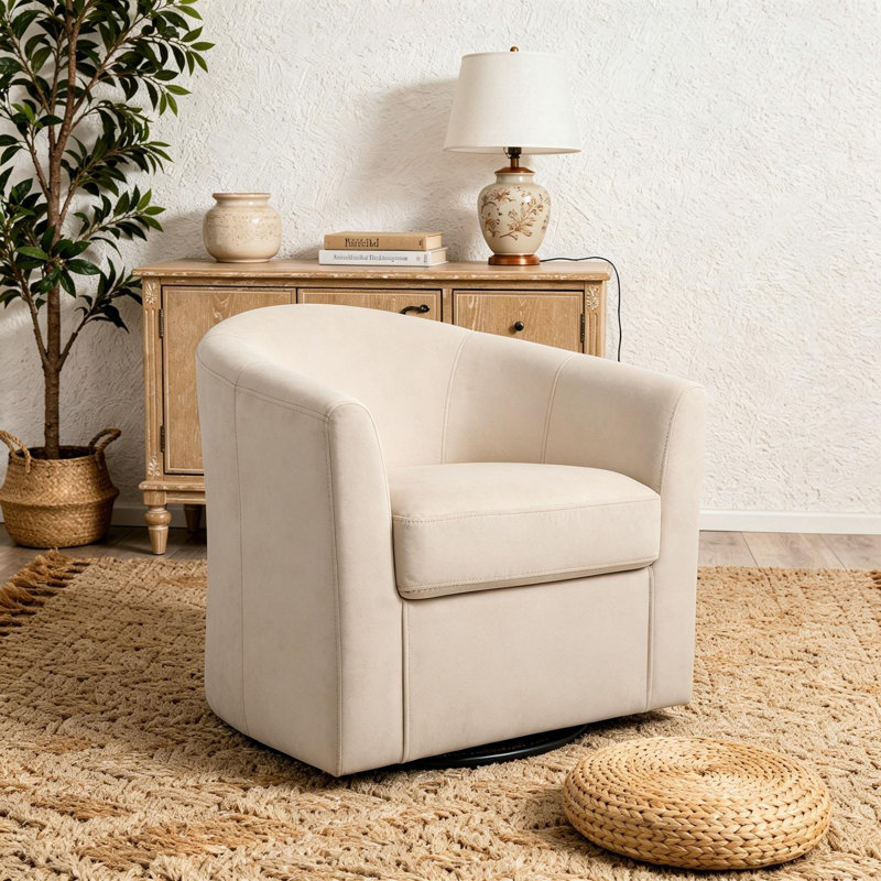 Upholstered Ivory Velvet Swivel Barrel Chair, Ivory