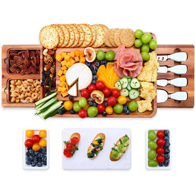  15" Acacia Wood Charcuterie & Cheese Board Set With Slide‑Out Drawers, Magnetic Storage, Utensils, Silicone Trays & Marble Slate
