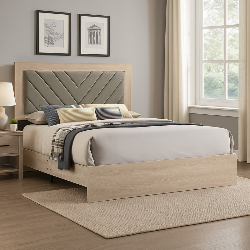 Upholstered Platform Bed, King, Gray/Cream