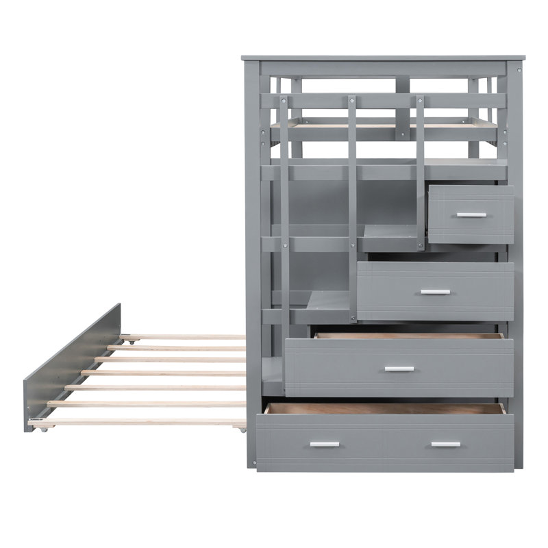 Lit simple superposé gris avec lit gigogne fonctionnel et pieds en bois massif, Gris