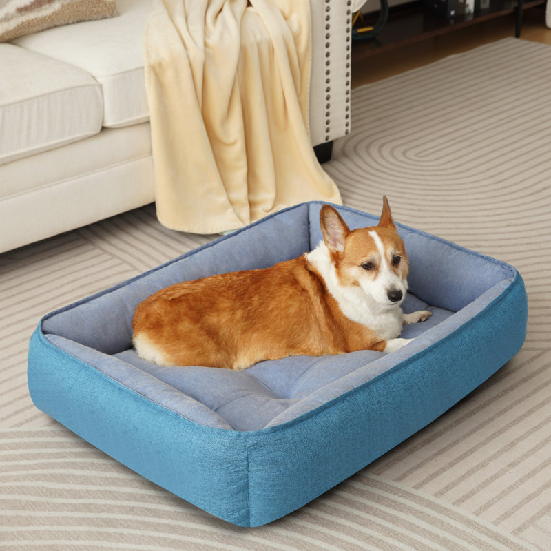 Large Blue Linen Rectangle Pet Bed with Bolster Cushion