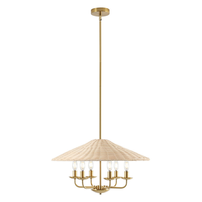 6-Light Hand-Woven Rattan Cone Pendant Chandelier, Gold, Beige