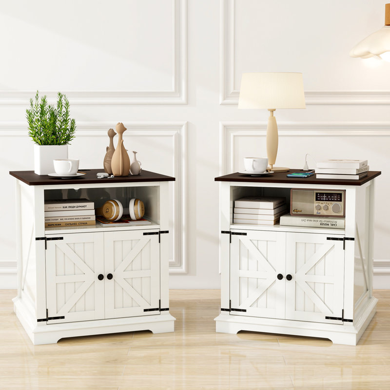  Gracie Oaks 24" Multifunctional Side Table with Charging Station & Barn Door, Black, 2