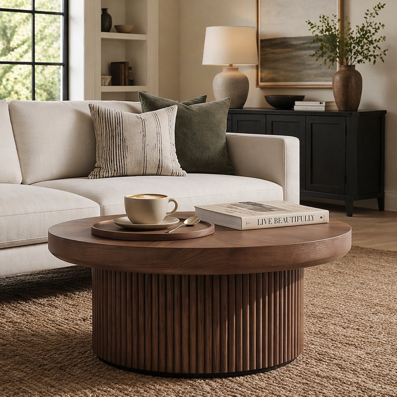 Bowe cannelé rond de 33,5 po avec plateau en bois véritable et base cylindrique, plateau de table épaissi, table basse Mid-Century moderne pour salon, petit espace