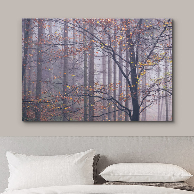 Automne, automne, brume, automne, arbres de la forêt avec feuilles jaunes, Toile tendue, H 32 po x l 48 po x P 1,5 po