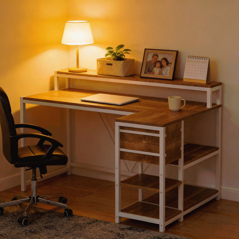 Office Desk,L-Shaped Office Desk,Reversible Computer Desk, Brown