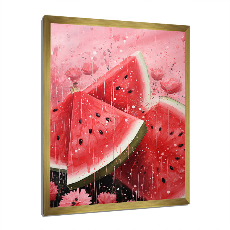 Fruit pastèque rose pointillisme encadré sur toile, Encadrement doré, H 32 po x l 24 po x P 1 po
