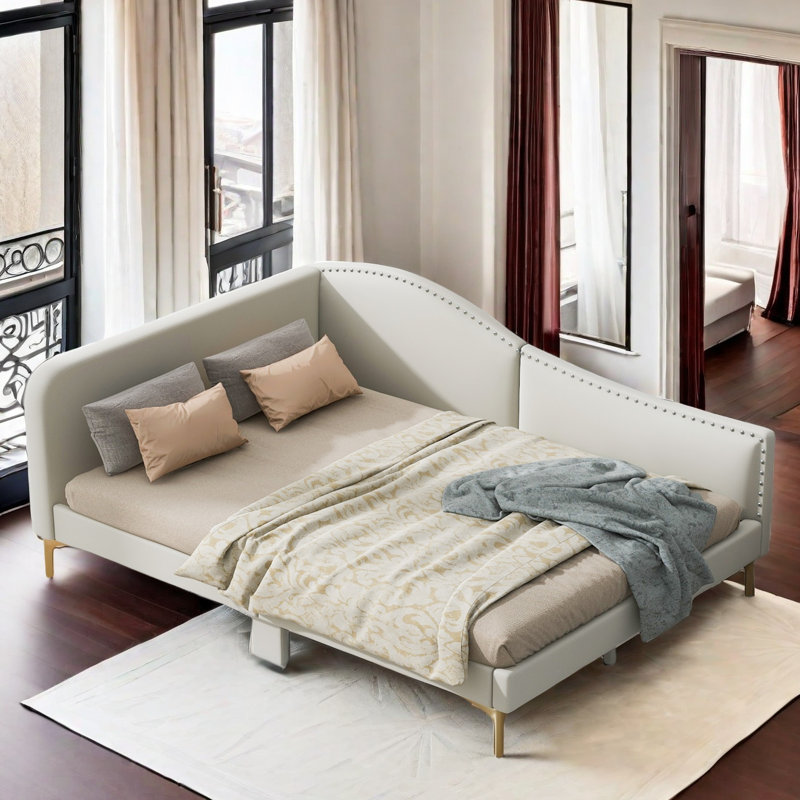 Lit de jour rembourré avec tête de lit et accoudoirs, Beige, Double