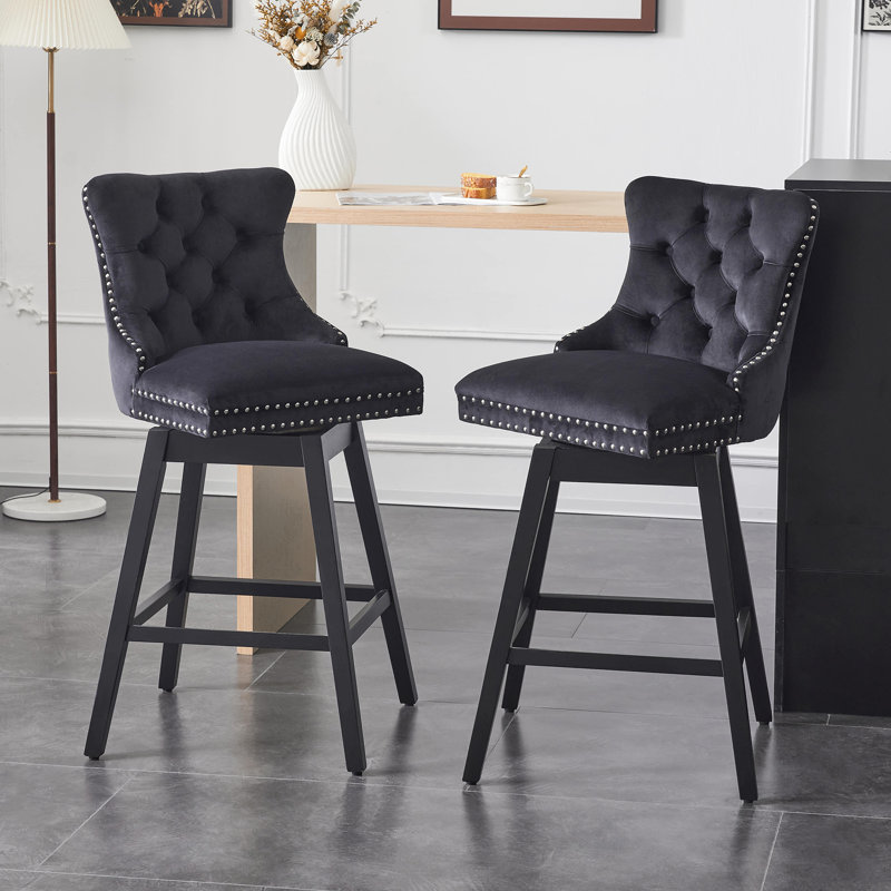 Velvet Upholstered 360° Swivel Counter Height Bar Stool with Back, Nailhead Trim and Sturdy Solid Wood Legs, Comfortable Chair for Kitchen, Dining, Restaurant