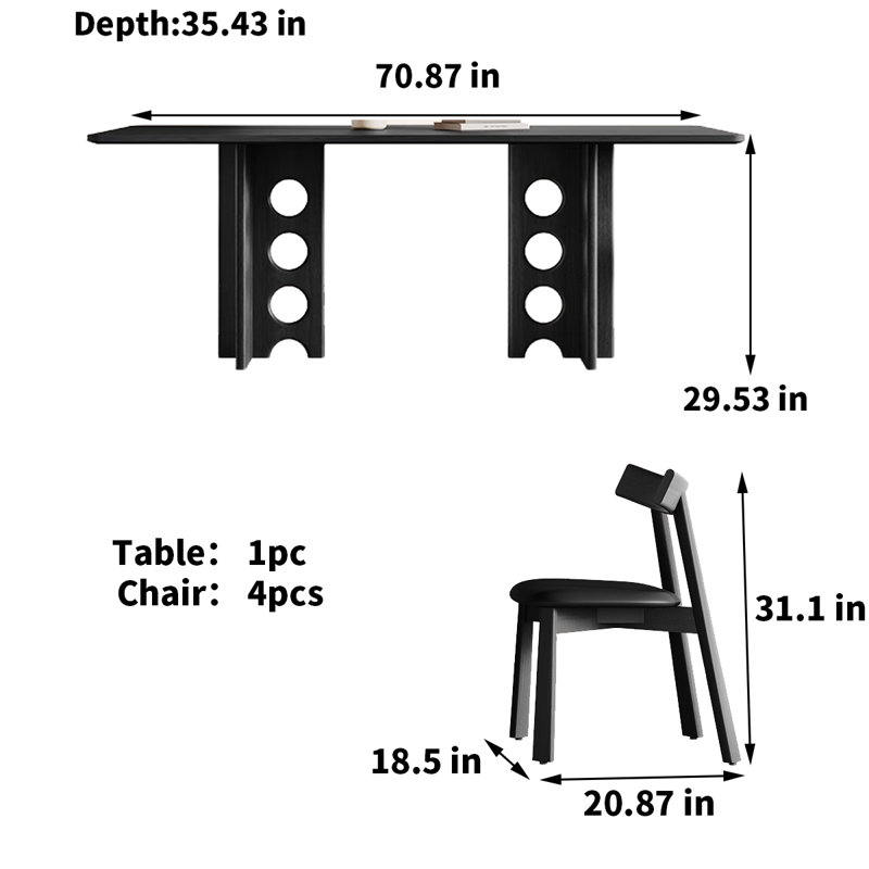 Modern Simple Rectangular Solid Wood Dining Table 4 - Person Double Pedestal Dining Set, 29.53"H x 70.87"L x 35.43"W
