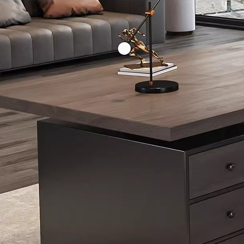 Tan+Black Rectangular Solid Wood+Iron desks, 29.53" H x 86.61" W x 31.5" D, Right Hand Return