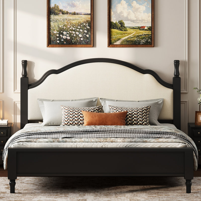 King Size Wood Platform Bed with Upholstered Headboard, Solid Pine Wood Bed Frame, No Box Spring Needed, Easy Assembly, Black Frame+Beige Fabric