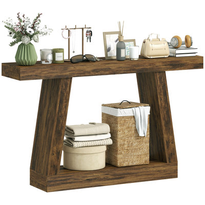 Console d'entrée étroite, 140 cm L x 30 cm P x 83 cm H, MDF, monobloc, couleur crème et brun foncé, rangement à 2 niveaux avec base trapézoïdale