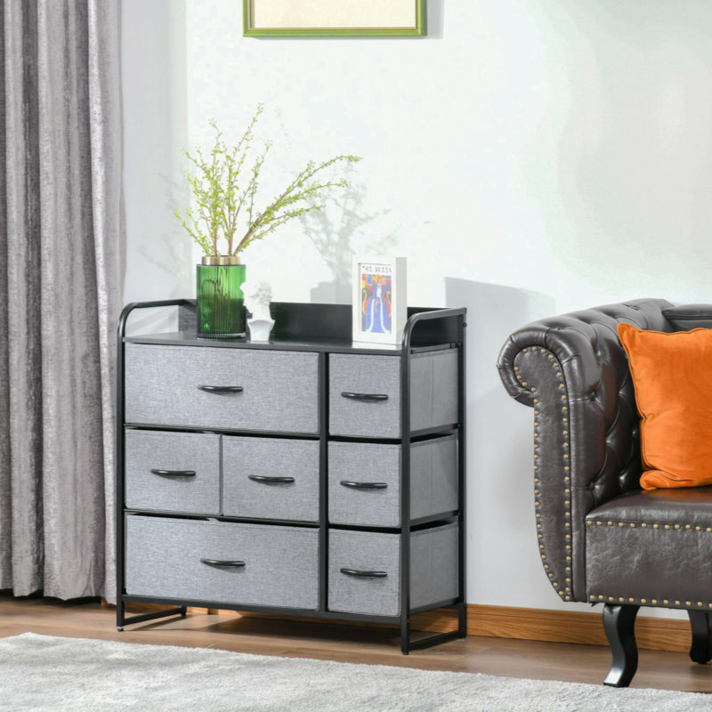 Gray Fabric 7-Drawer Dresser with Dark Wood Top and Steel Frame