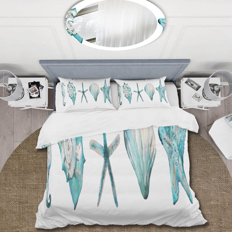 Blue Starfish And Shell - Ensemble de housse de couette nautique et côtier - Polyester en microfibre