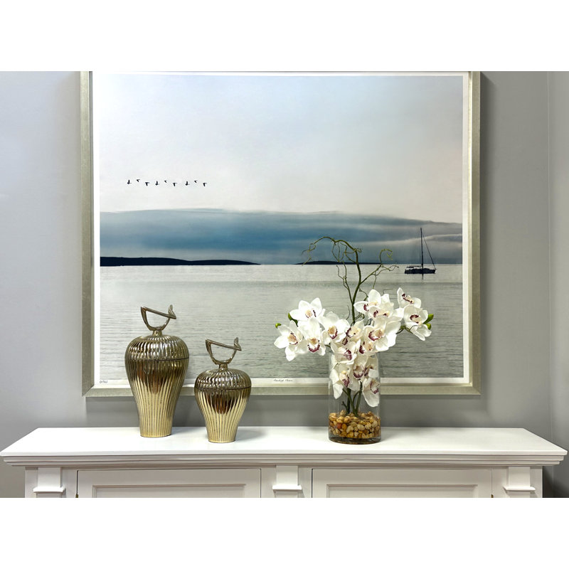 Orchid Arrangement in Glass Vase with Rocks, White