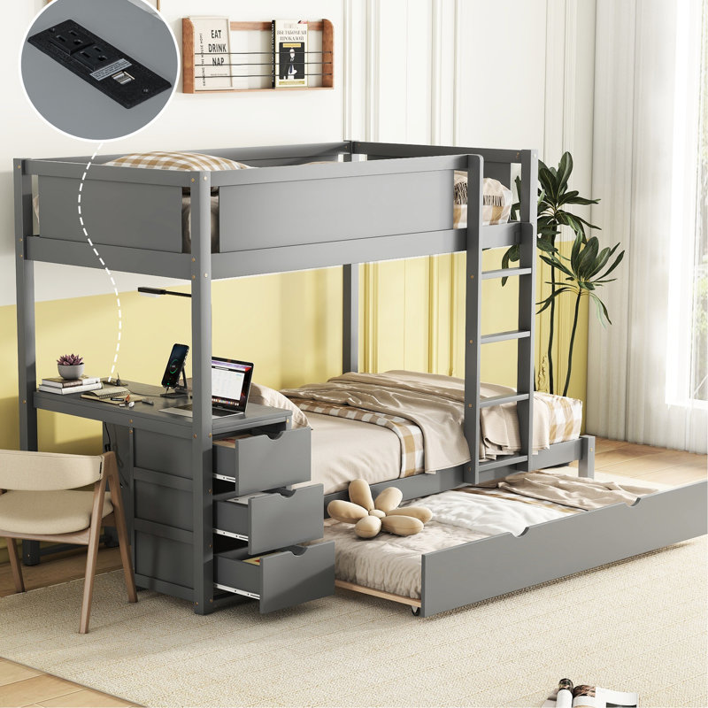 Lit superposé Twintwin avec lit gigogne simple, bureau de rangement et prises de courant, gris - Maximisez la fonctionnalité de l'espace Lit gigogne, avec bureau pour une utilisation optimale