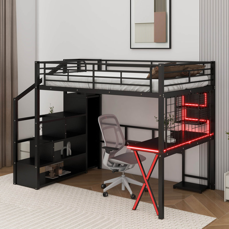 Full Size Metal Loft Bed With Built-In Work Station, Wardrobe, Storage Staircase And LED
