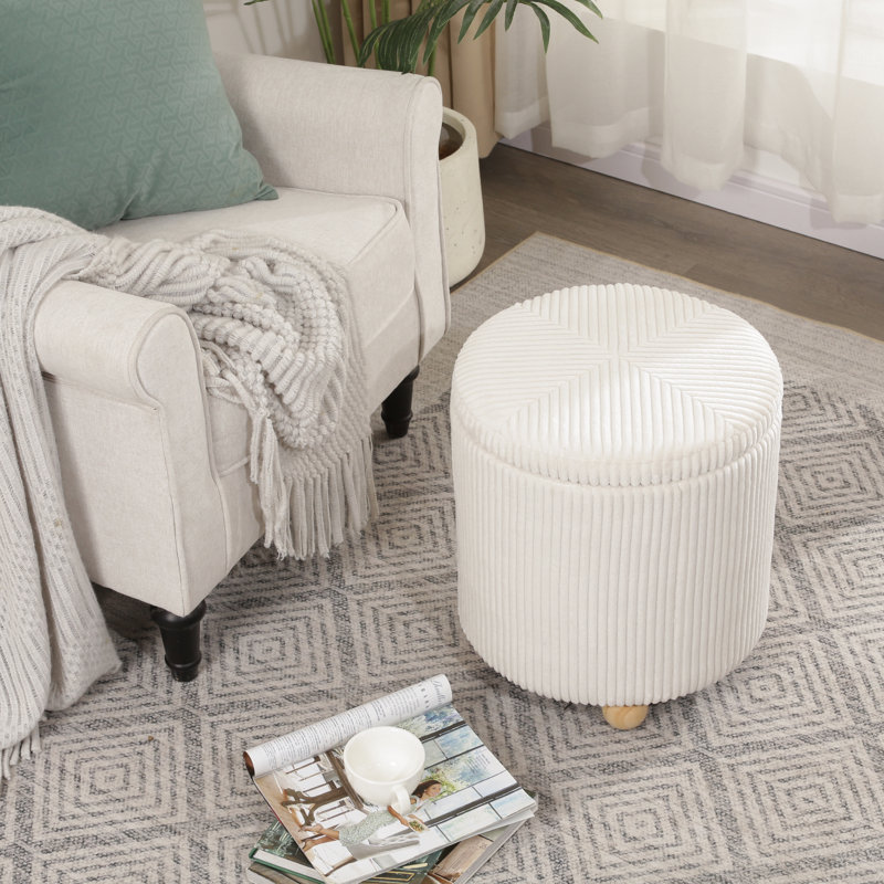 Repose-pieds rond en velours avec rangement H 16 ", Blanc