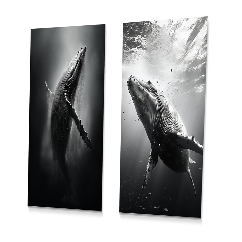 Danse baleine noire et blanche I - ensemble d'art mural en métal baleine 2, H 28 po x l 24 po