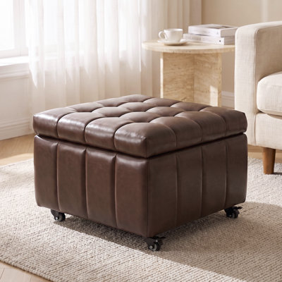 23.5" W Tufted Faux Leather Storage Ottoman With Casters