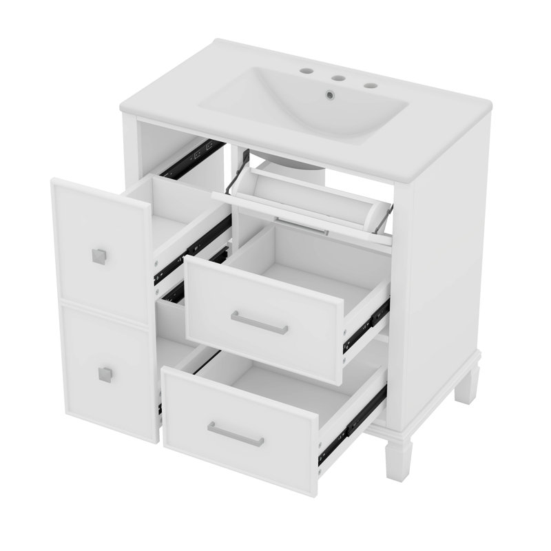 Meuble-lavabo 30 po avec lavabo en céramique, tiroir escamotable, Blanc