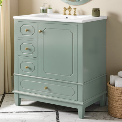 Meuble-lavabo élégant avec lavabo - meuble-lavabo autoportant noir de 30 po avec cadre en bois massif, porte à fermeture en douceur, lavabo en céramique et grand espace de rangement