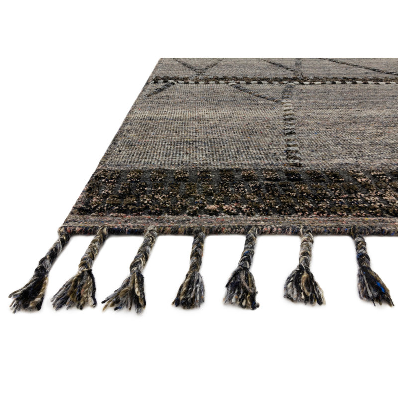 Tapis gris en laine noué la à la main géométrique Corrado, Rectangle 7 pi 9 po x 9 pi 9 po