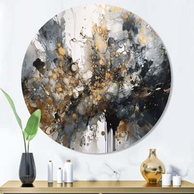 Grey Gold Delicate Abstract Brushstrokes V - Abstract Marble Round Wall Art on Metal
