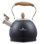 Creative Home 2,6 pte Théière en acier inoxydable avec poignée en bois pliable et fond en aluminium pour une eau bouillante, noir opaque