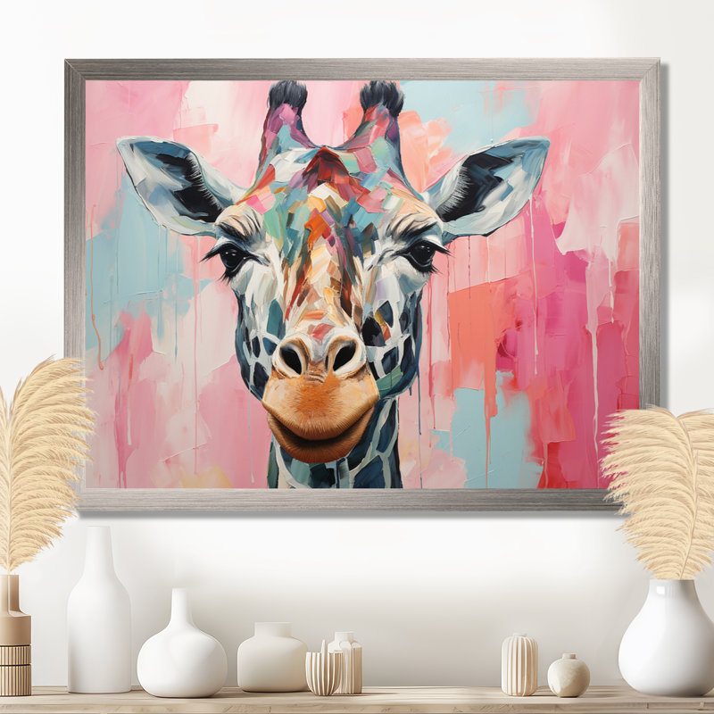 Portrait de girafe brune et rose - art mural girafe, Cadre flottant blanc, H 12 po x l 20 po x P 1 po