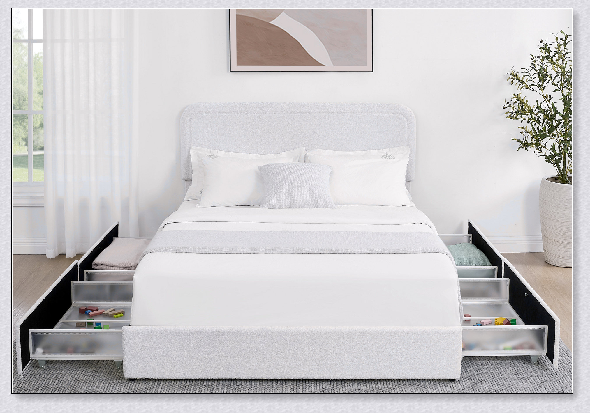 Latitude Run® Queen Size Ivory Boucle Upholstered Platform Bed With ...