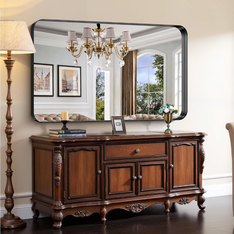 Miroir de salle de bain noir, miroir rectangulaire de 36 po x 60 po avec cadre en métal profond, coin arrondi, verre trempé, grand miroir mural, plus de 2 lavabos, installé verticalement / horizontalement, cristal clair