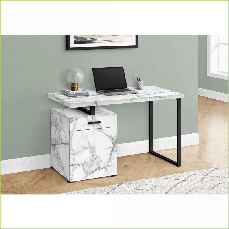 Desks, 48” L Modern Computer Desk with Left/Right Storage &amp; Drawer, White Marble Look Laminate &amp; Black Metal | White | Particle Board