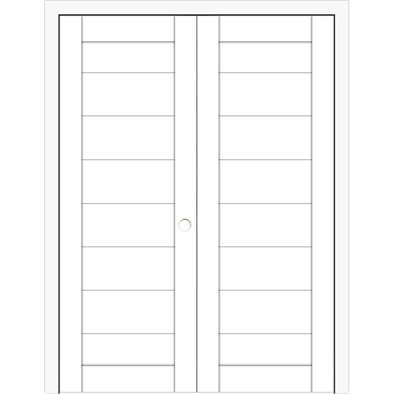 Domino 02 - Double porte intérieure intérieure stratifiée blanc doux pré-suspendu 64 po x 84 po, Gauche, 64 po x 84 po