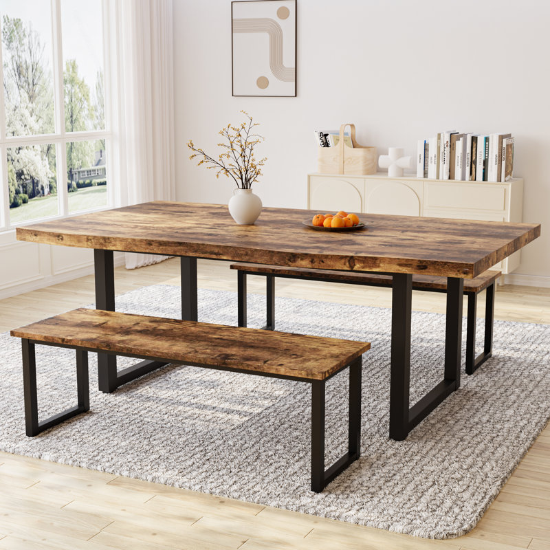 Modern Kitchen Dining Table Set, Mid-century Dining Table Set With Bench  For 4-6 Personal With Soild Legs, Brown