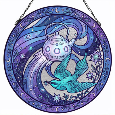 Kettle Comet Stained Glass Window Panel，12"H