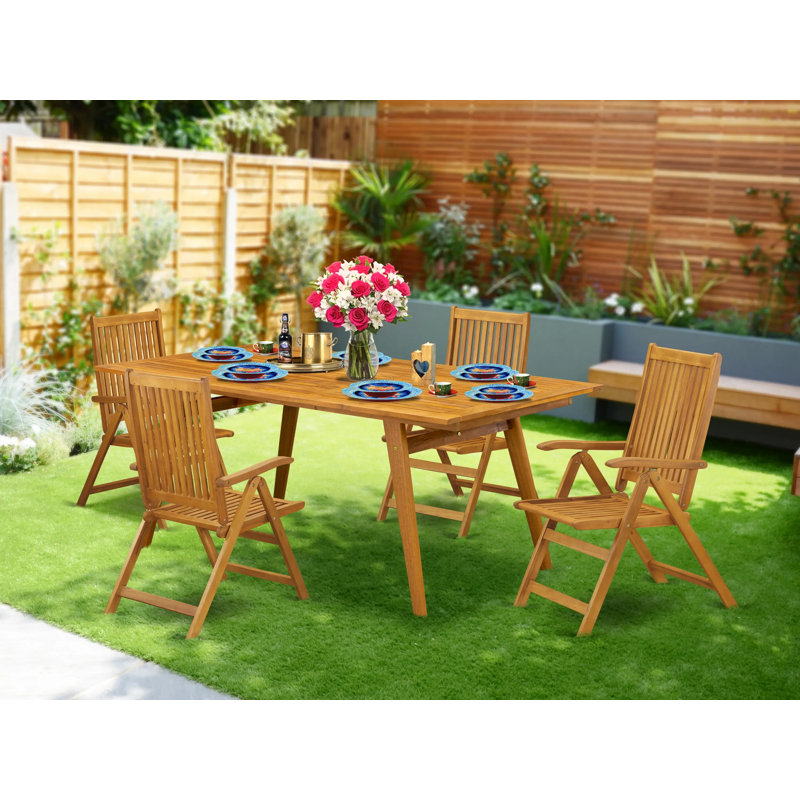 5 Piece Outdoor Patio Dining Sets Includes a Rectangle Acacia Wood Table and 4 Folding Adjustable Arm Chairs, 40x72 Inch, Natural Oil