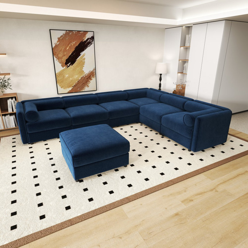 142.5'' Cloud-Soft Chenille L-Shape Sectional Sofas with Ottoman, Blue