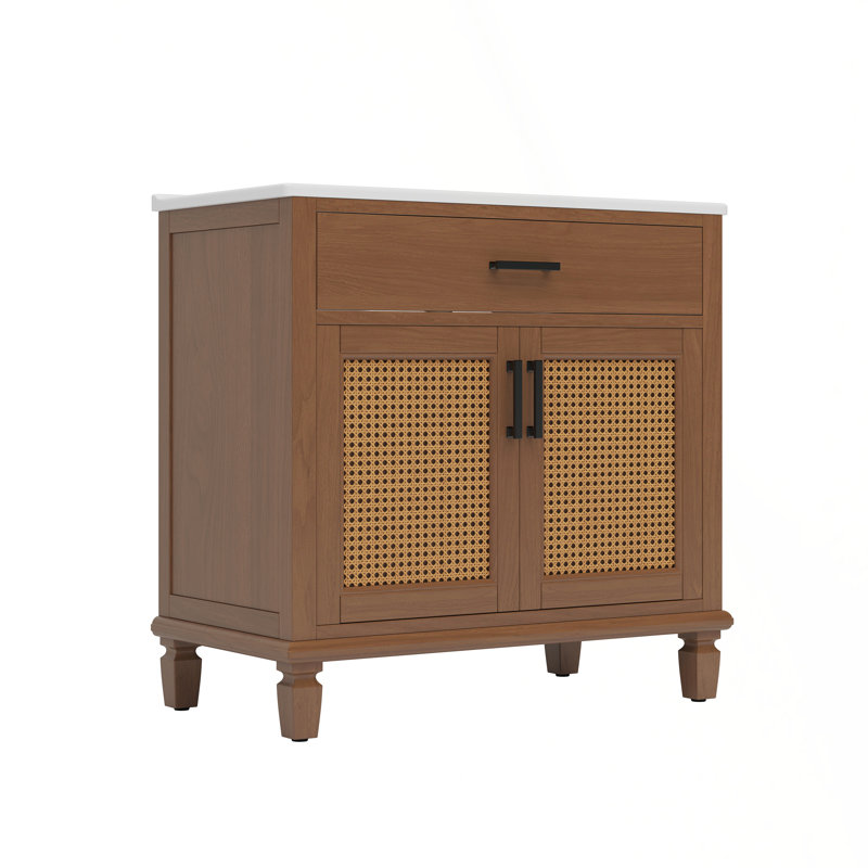 Meuble-lavabo exquis en rotin avec lavabo en céramique et beaucoup de rangement, Brun