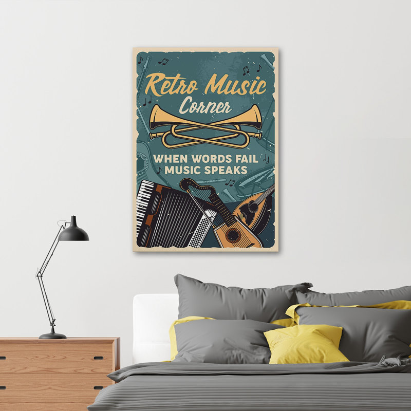 Music Instruments - Retro Music Corner - Reproduction d'art graphique sur toile tendue 1 pièce, H 14 po x l 11 po x P 2 po