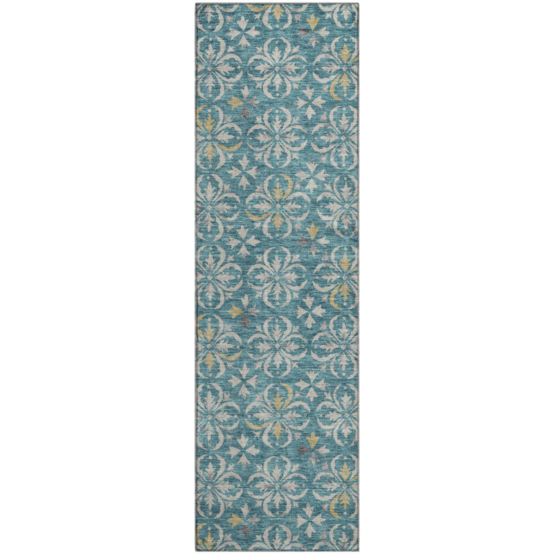 Premium Machine Washable Prisco Teal Rug, Runner 2'3" x 7'6"