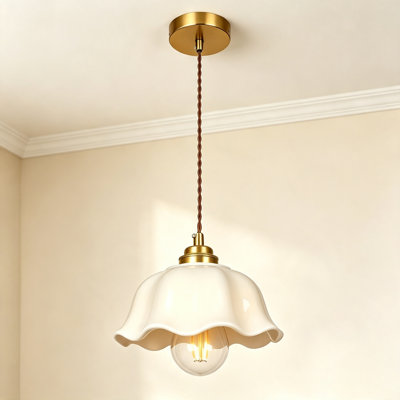 Petal Ceramic Pendant Light with Brass Accents, Adjustable Vintage Pendant Lighting for Kitchen Island Dining Bedroom