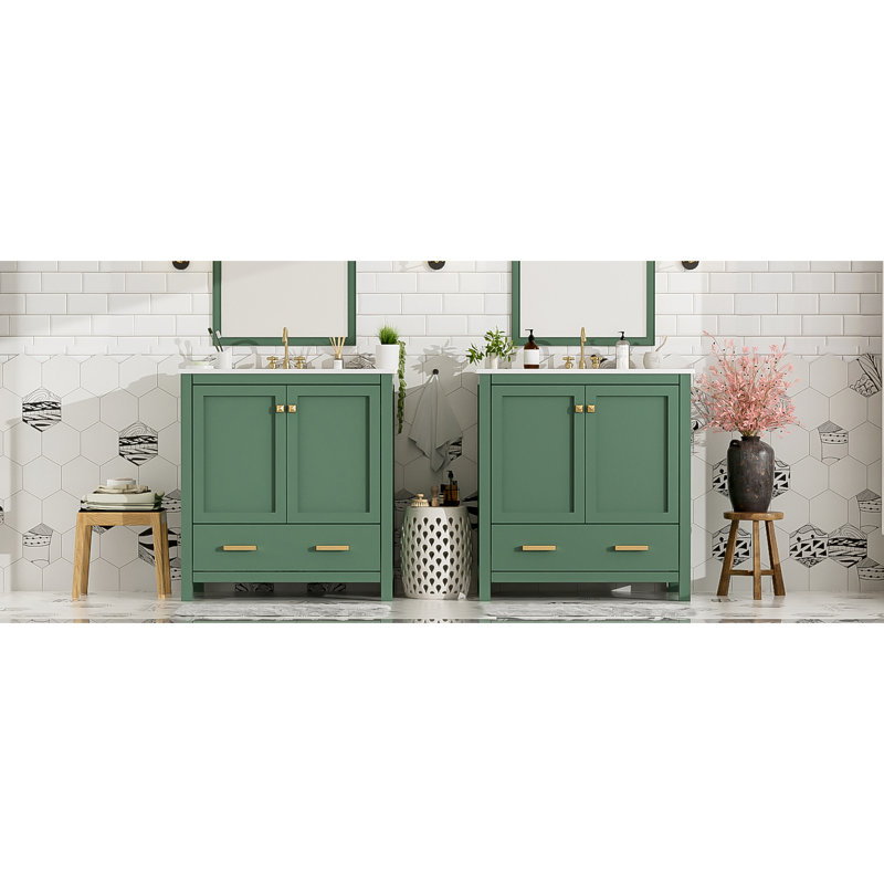 Meuble-lavabo gris 60 po, double vasque, espace de rangement et charnières silencieuses - Tablette et tiroirs de style fonctionnel