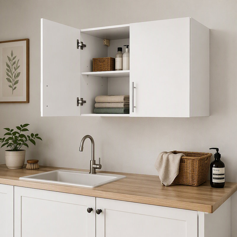 Armoire de buanderie, armoire murale à 2 niveaux avec tablette réglable, armoire de rangement 32 po avec 2 portes, pour salle de bain, cuisine, buanderie