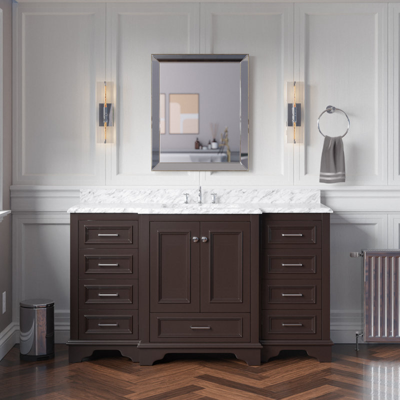 Ensemble de meuble-lavabo simple 60 po Loughlam, Chocolat, Marbre de Carrare