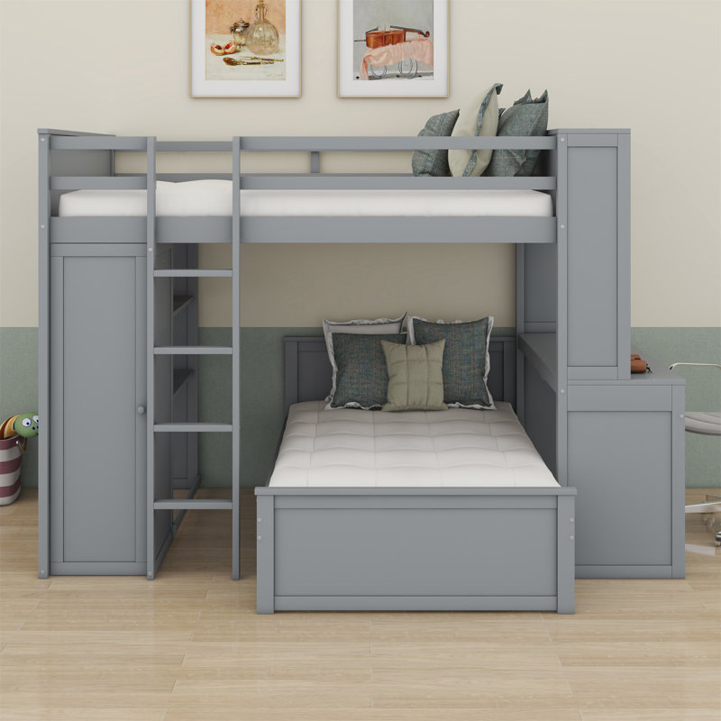 Lit superposé avec lit autonome, tablettes, bureau et garde-robe, Gris, Lit double