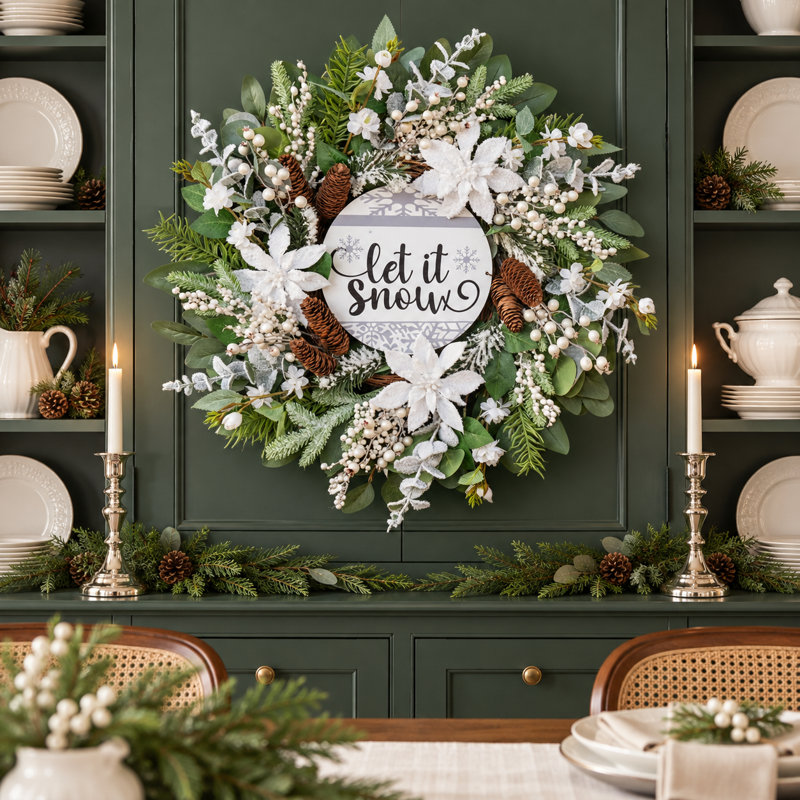 Couronne de flocon de neige de 24 pouces avec eucalyptus vert, décor de porte d'entrée rustique pour Noël d'hiver