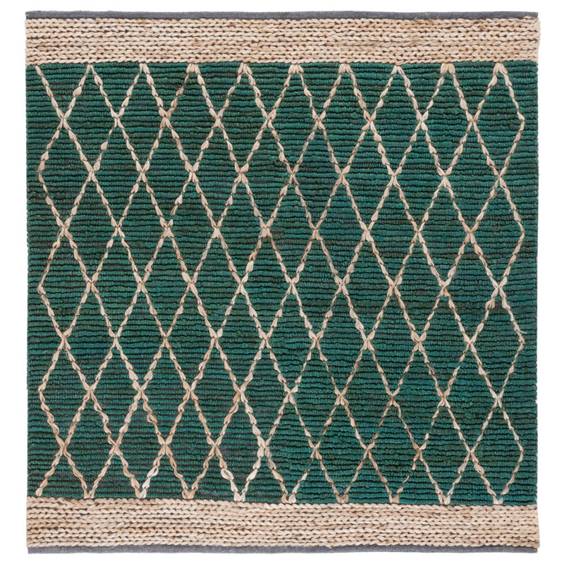 Kedron Natural Fiber Hand Loomed Jute/Cotton Geometric Rug in Dark Green, Square 6'